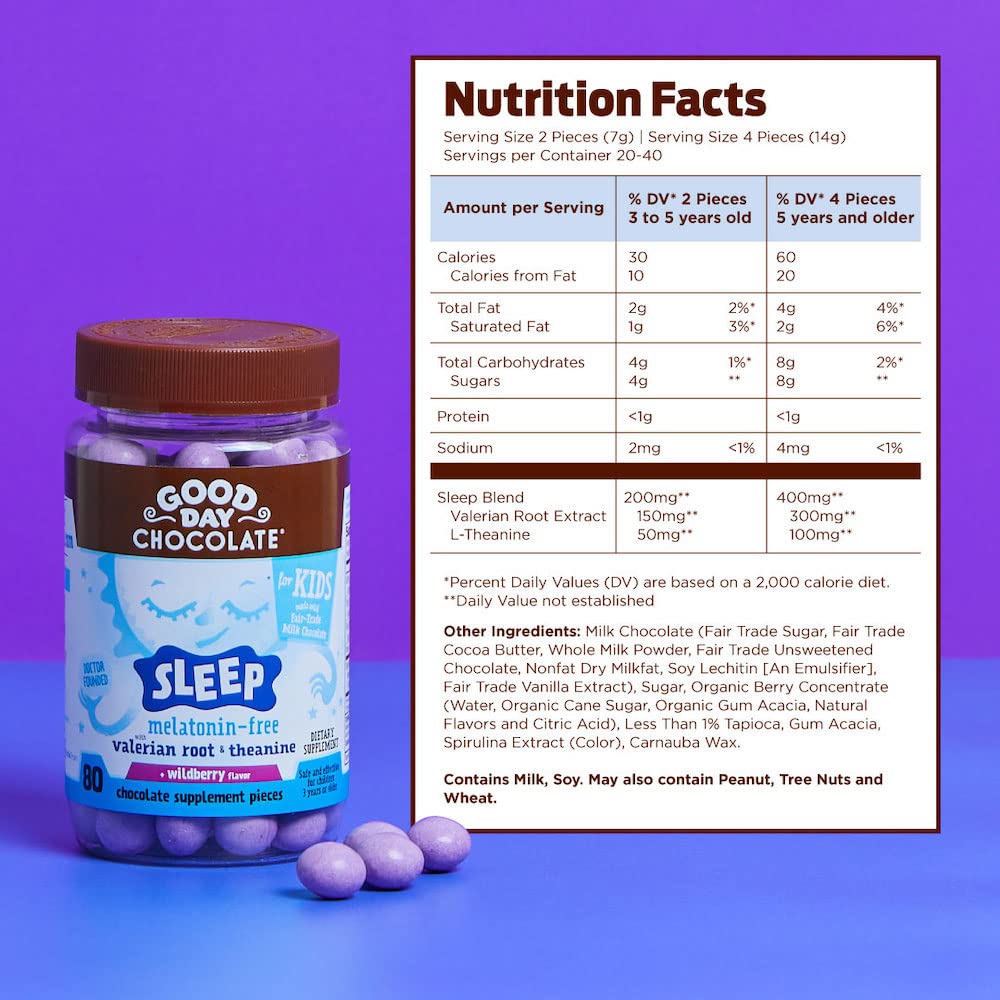 Good Day Chocolate Natural Valerian Root for Kids Chewable, Herbal Sleep Supplement with L-Theanine, Organic Wildberry Flavor, Fair Trade & Non-GMO Chocolate, 50 Chewables