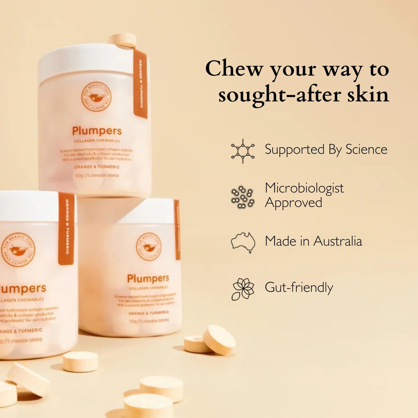 The Beauty Chef Plumpers Collagen Chewable Tablets with Hyaluronic Acid & Postbiotic, 75 Tablets