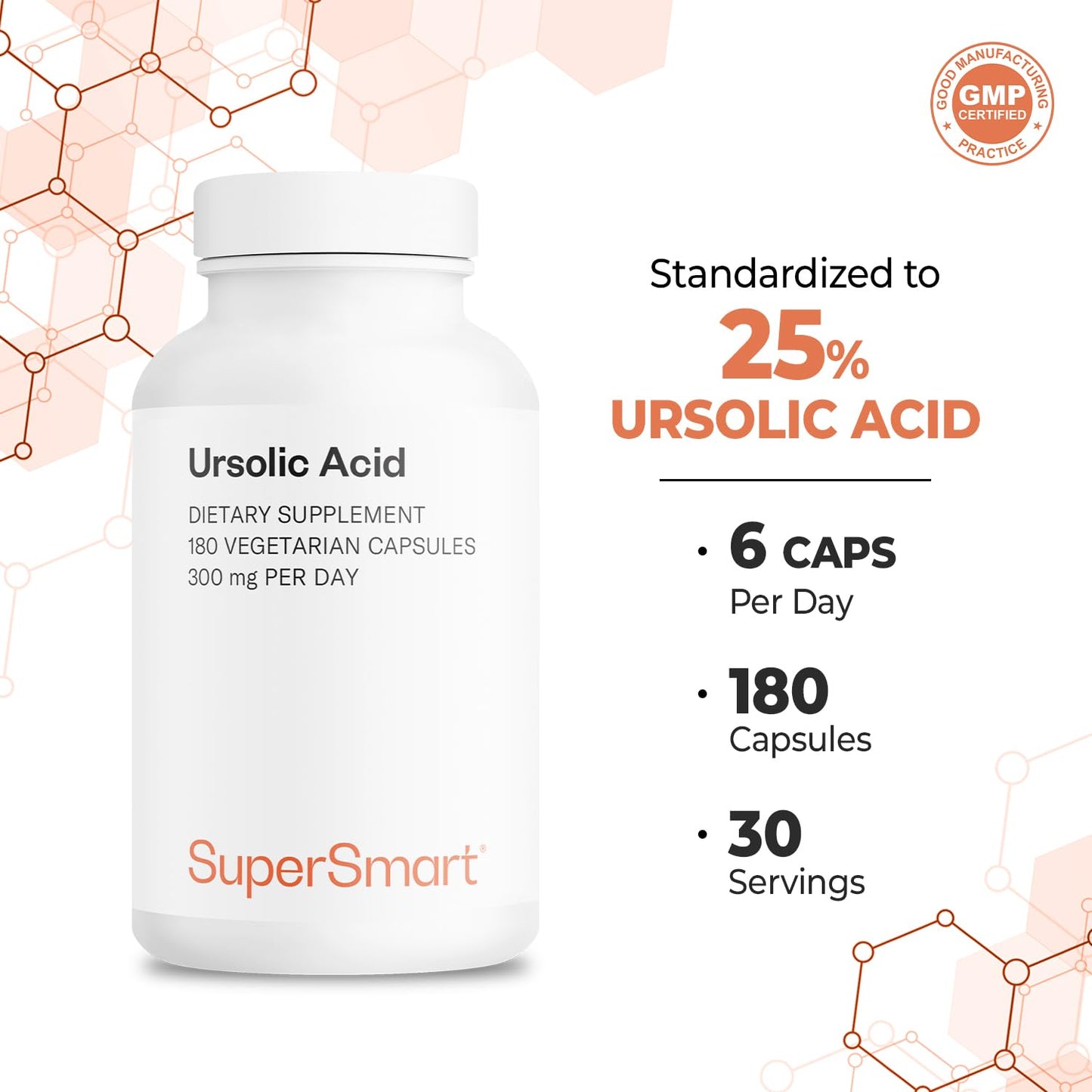 Supersmart Ursolic Acid 300mg per Day (Well-Tolerated) - Rosemary Leaf Extract Supplement Capsule, 180 Capsules