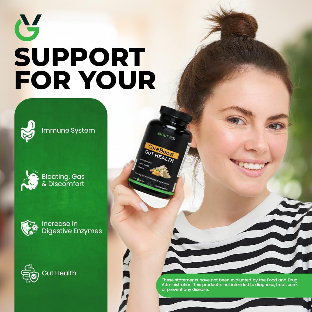 GUTVED Bloating & Gas Relief Probiotic for Women & Men 9-in-1 Gut & Digestive Support with Probiotics, Prebiotic Inulin, Turmeric, Ginger & Fennel 60 Capsules