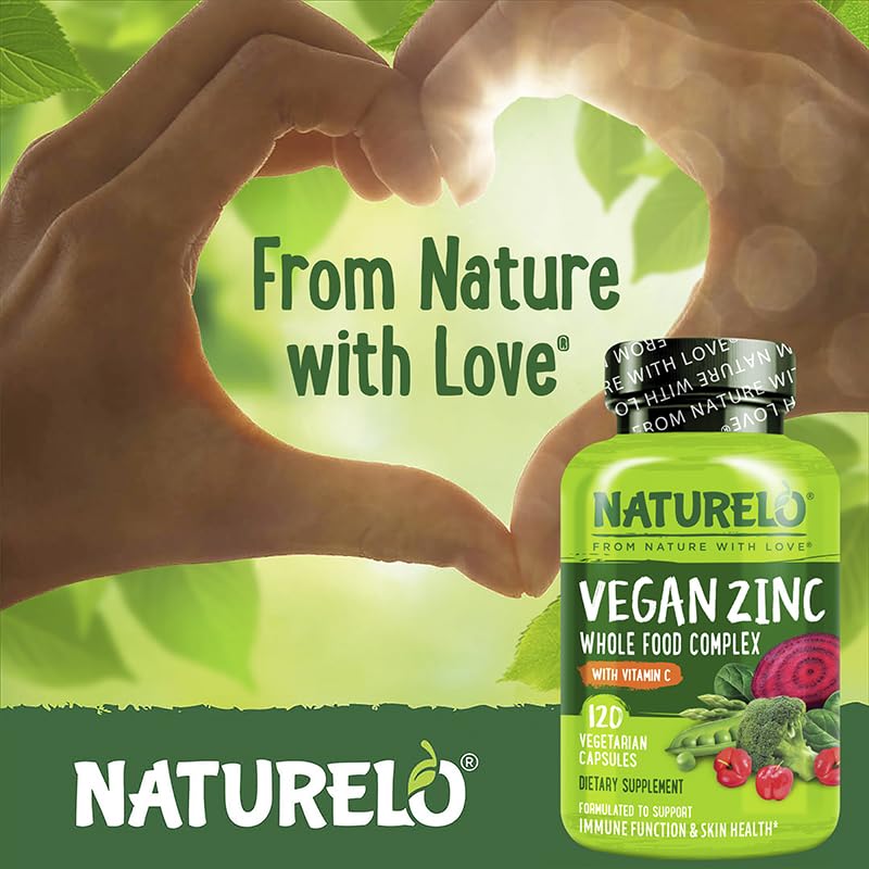 NATURELO Vegan Zinc Immune Support Capsules with Vitamin C, 120 Capsules