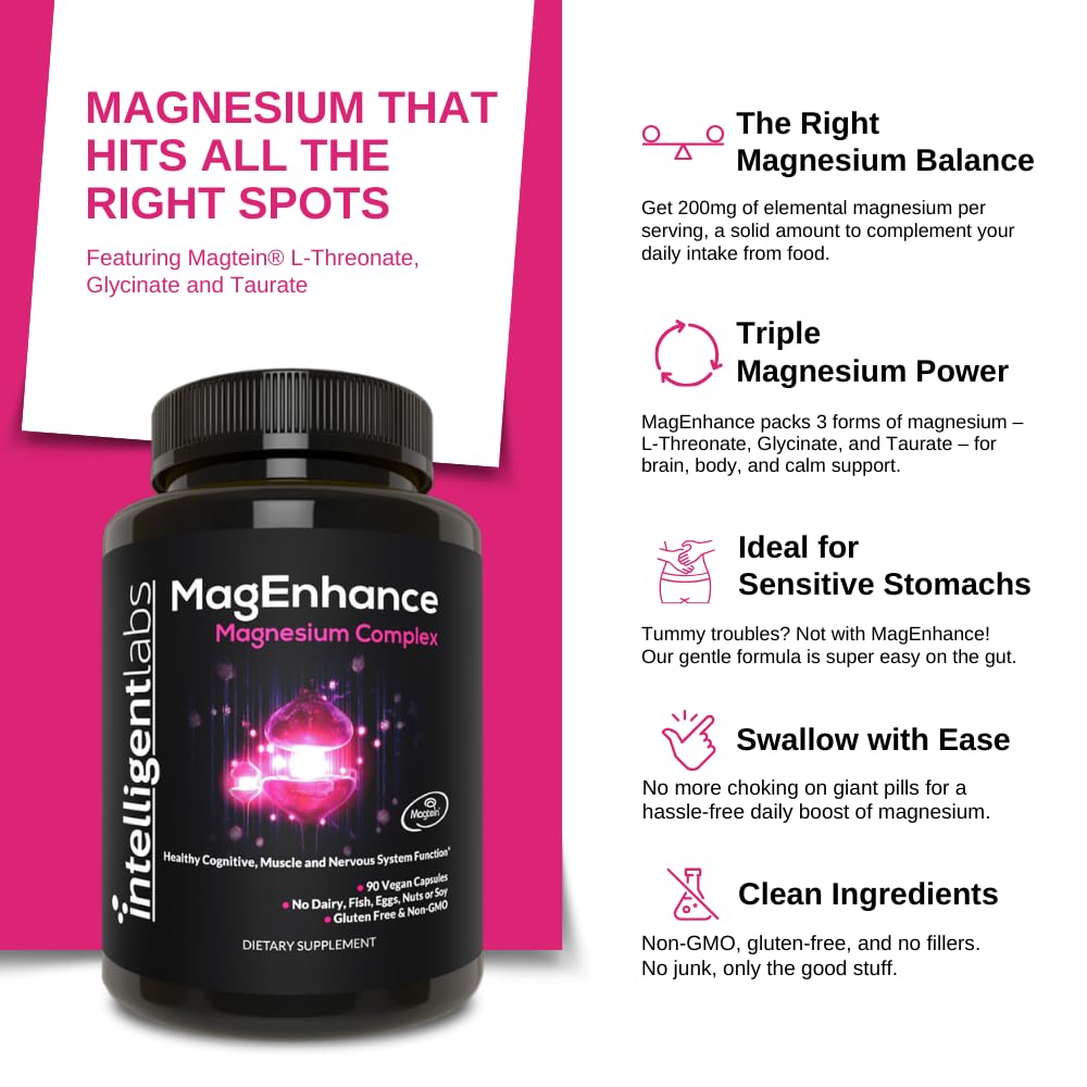 Intelligent Labs MagEnhance Magtein Magnesium Complex Supplement L-Threonate with Magnesium Glycinate and Taurate Capsules, 90 Count