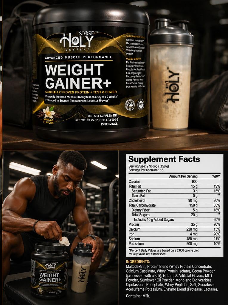 Holy Store Company Weight Gainer Protein Powder Muscle Mass Builder Vanilla Flavor, 31.75