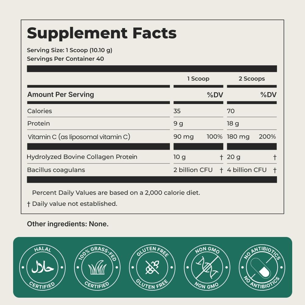 ZEN HALAL Collagen Powder with Vitamin C & Probiotic (18g Protein) Pure Grass Fed Halal Collagen Peptides for Women - Unflavored & Hydrolyzed Bovine Type I & III for Skin, Hair, Nails, Joints and Gut 14.3 Ounce