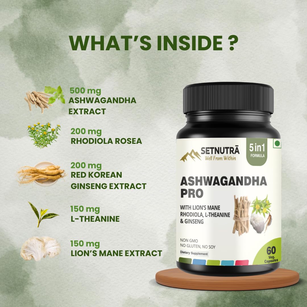 SETNUTRA Well From Within 5 in 1 Ashwagandha Pro Supplement with Lion's Mane Rhodiola L-Theanine & Ginseng Capsules 60 Count