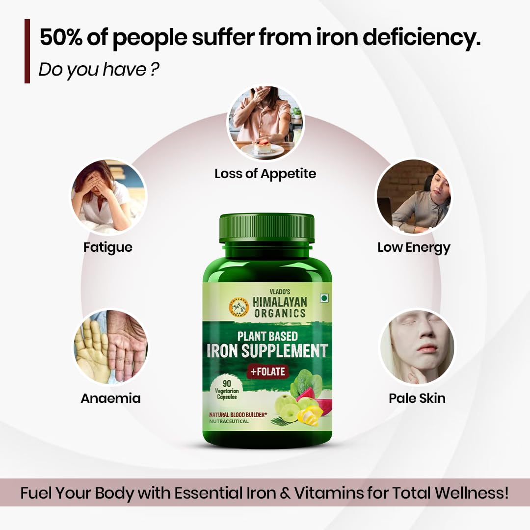 Himalayan Organics Plant Based Iron Supplement with Folate, 90 Capsules