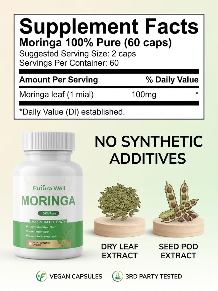 Galriva Moringa Capsules Organic Moringa Oleifera with Moringa Leaf Powder, Plant Based Herbal Supplement, Vegan, Non-GMO, 60 Capsules