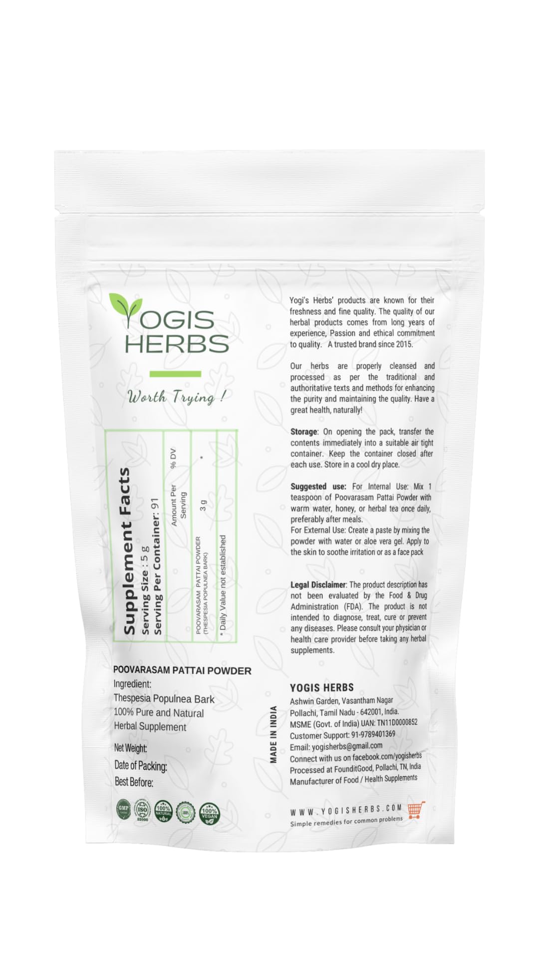 YOGIS HERBS Poovarasam Pattai Powder 8 oz