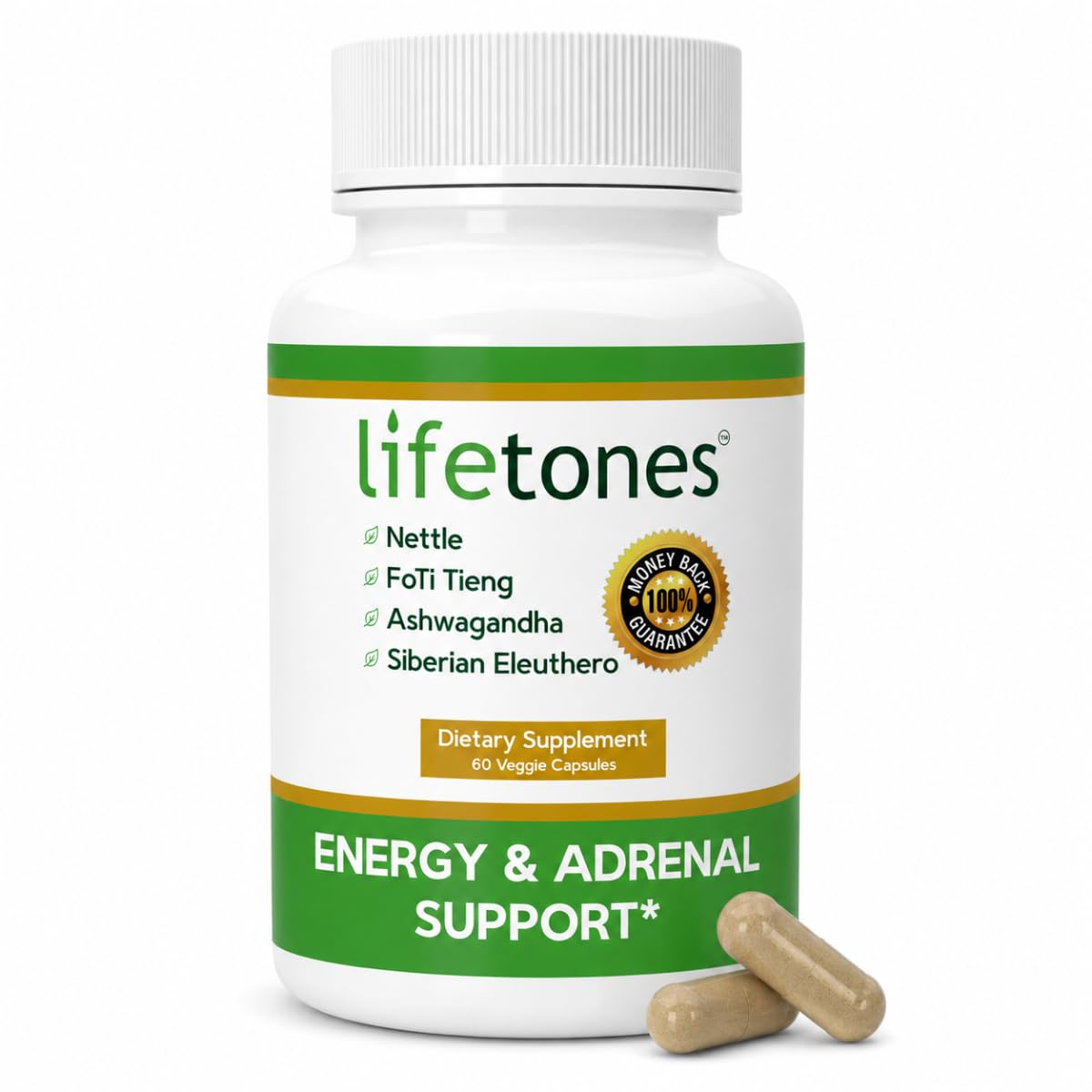 Life Tones Energy & Adrenal Support – Ashwagandha, Siberian Eleuthero, Nettle & FoTi – Herbal Adrenal & Natural Energy Supplement – Non-GMO, Sugar-Free, Caffeine-Free – 60 Vegan Capsules
