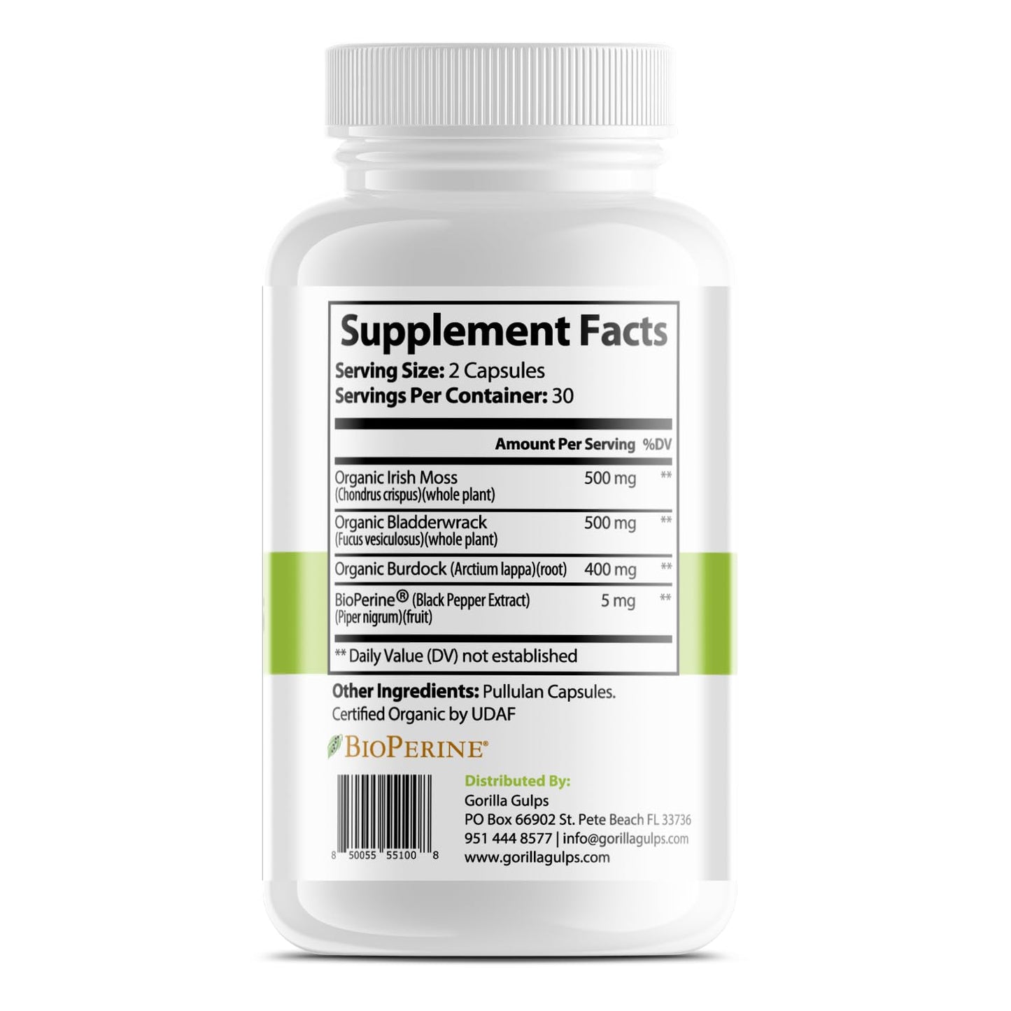 Gorilla Gulps 100% Purity Organic Sea Moss - Fermented Veggie Capsules, Blend of Irish Moss, Bladderwrack, Burdock, Bioperine, Certified Organic, Vegan, Non-GMO, 60 Capsules