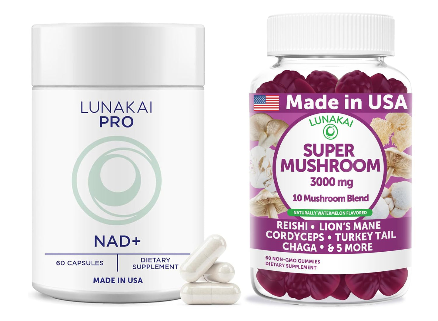 Lunakai PRO NAD+ Capsules + Super Mushroom Gummies Bundle, 120 Count (Capsules & Gummies)