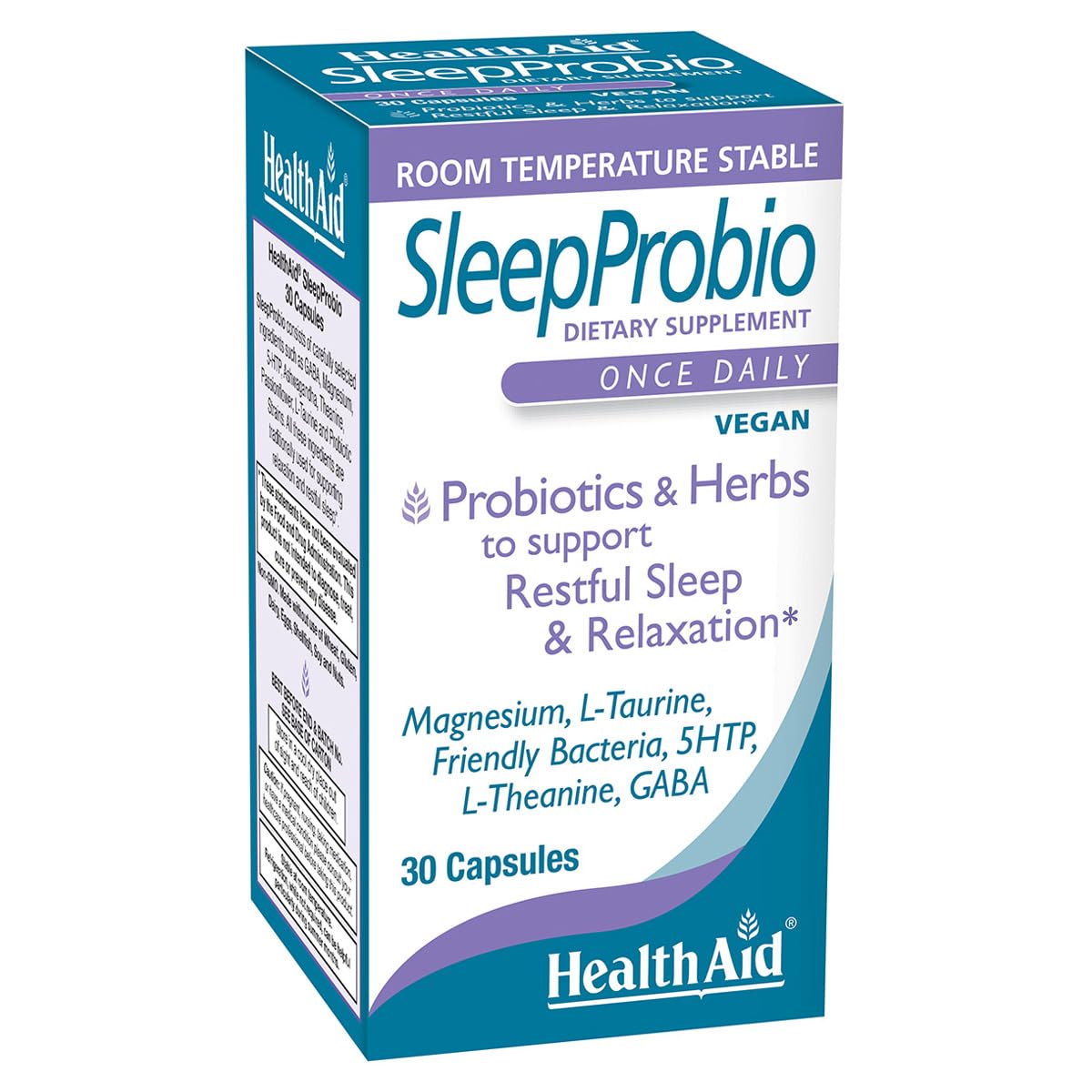 HealthAid SleepProbio Sleep Support Supplement – with Magnesium, 5-HTP, GABA, Ashwagandha & Probiotics – Helps Support Restful Sleep & Relaxation – Once Daily, Vegan Capsule, 30 Capsules