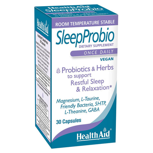 HealthAid SleepProbio Sleep Support Supplement – with Magnesium, 5-HTP, GABA, Ashwagandha & Probiotics – Helps Support Restful Sleep & Relaxation – Once Daily, Vegan Capsule, 30 Capsules