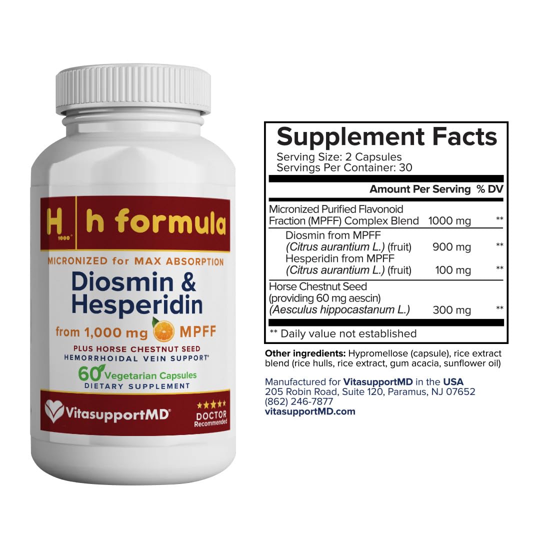 VITASUPPORTMD Leg and Hemorrhoidal Vein Support Bundle with Diosmin Hesperidin 1000mg, Horse Chestnut Seed 300mg, Micronized Purified Flavonoid Fraction, Leg Circulation, Healthy Hemorrhoidal Veins, 120 Capsules