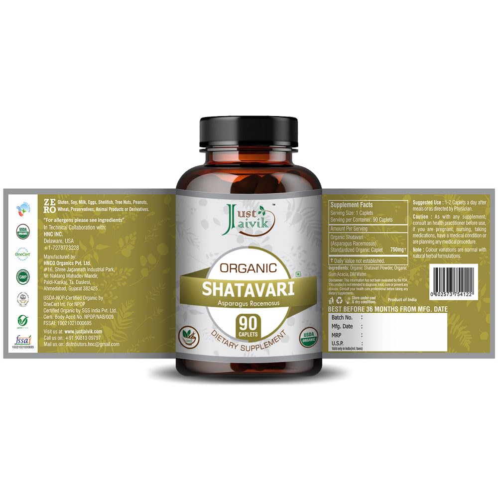 Just Jaivik Organic Shatavari Tablets 750 mg, 90 Tablets