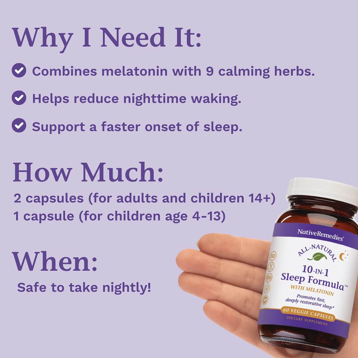 Native Remedies 10-in-1 Natural Sleep Aid for Adults & Kids 4+ - Herbal Capsule, 60 Count