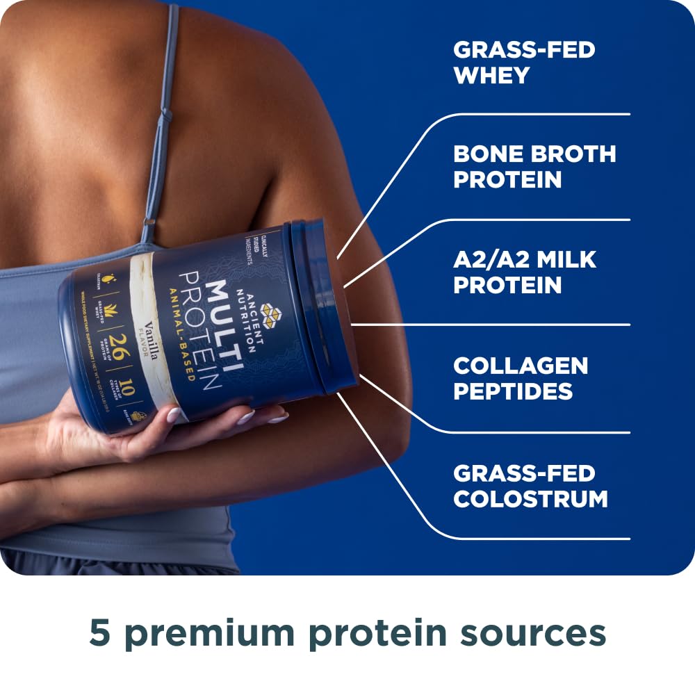 Ancient Nutrition Grass Fed Multi Protein, Bone Broth, Whey, Vanilla Bean Protein Powder, 18 Servings