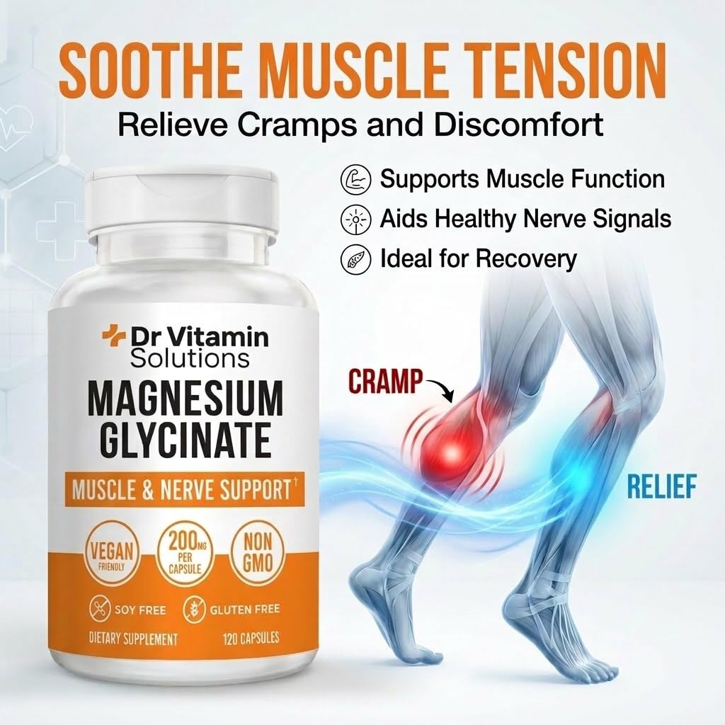 DR VITAMIN SOLUTIONS Magnesium Glycinate 200mg High Absorption Chelated Magnesium Supplement for Sleep, Stress, Muscle & Nerve Support, Calm & Relaxation, Vegan, Non-GMO, Gluten & Soy Free, 120 Capsules