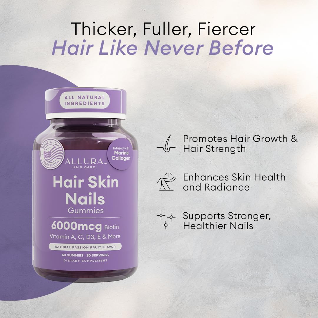 ALLURA HAIR Biotin Gummies 6000mcg for Hair, Skin & Nails, Extra Strength, 60 Gummies