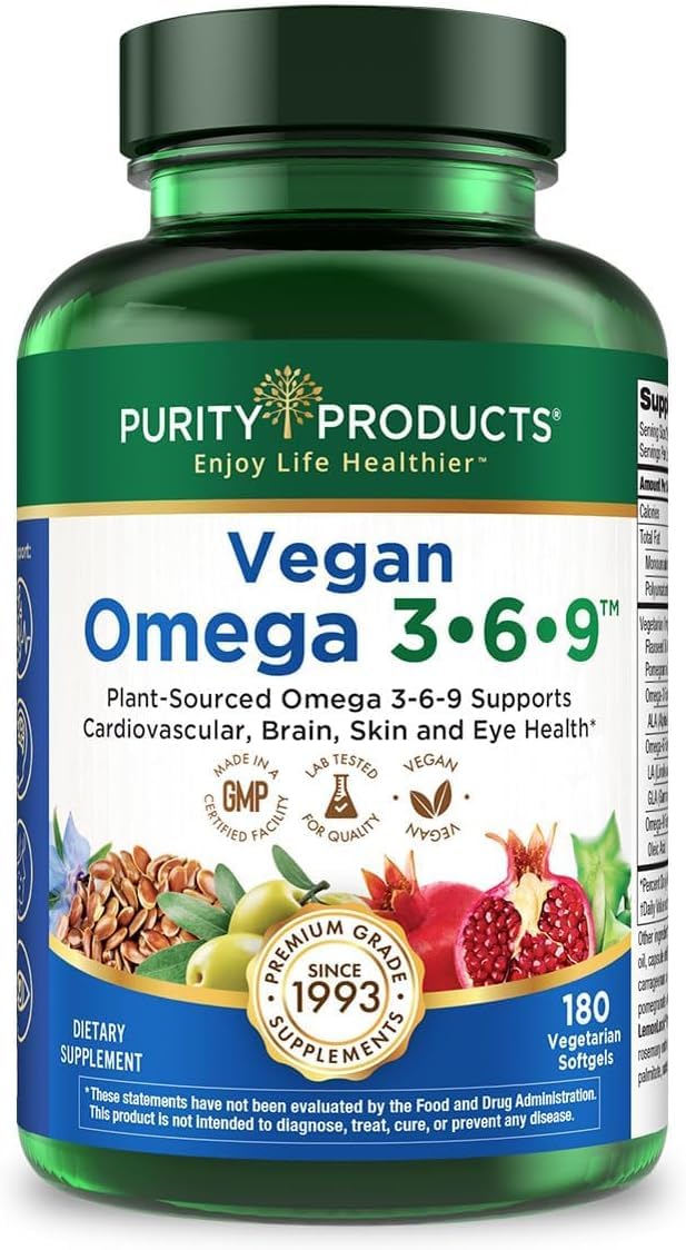 Purity Products Vegan Omega-3-6-9 Formula Essential Fatty Acid Complex Softgels 180 Count