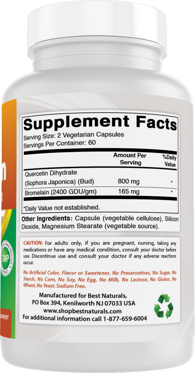 Best Naturals Quercetin with Bromelain Veggie Capsule, 800mg Quercetin & 165 mg Bromelain (2400 GDU/g), 120 Capsules