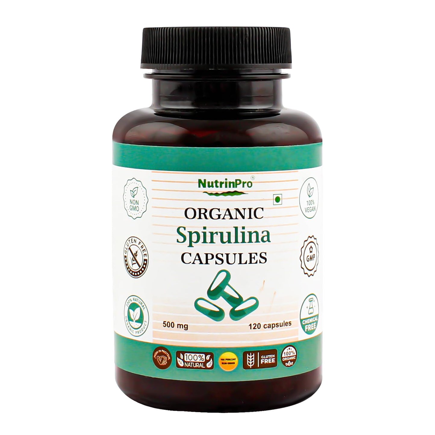 NUTRINPRO USDA Organic Spirulina Capsules, 120 Capsules
