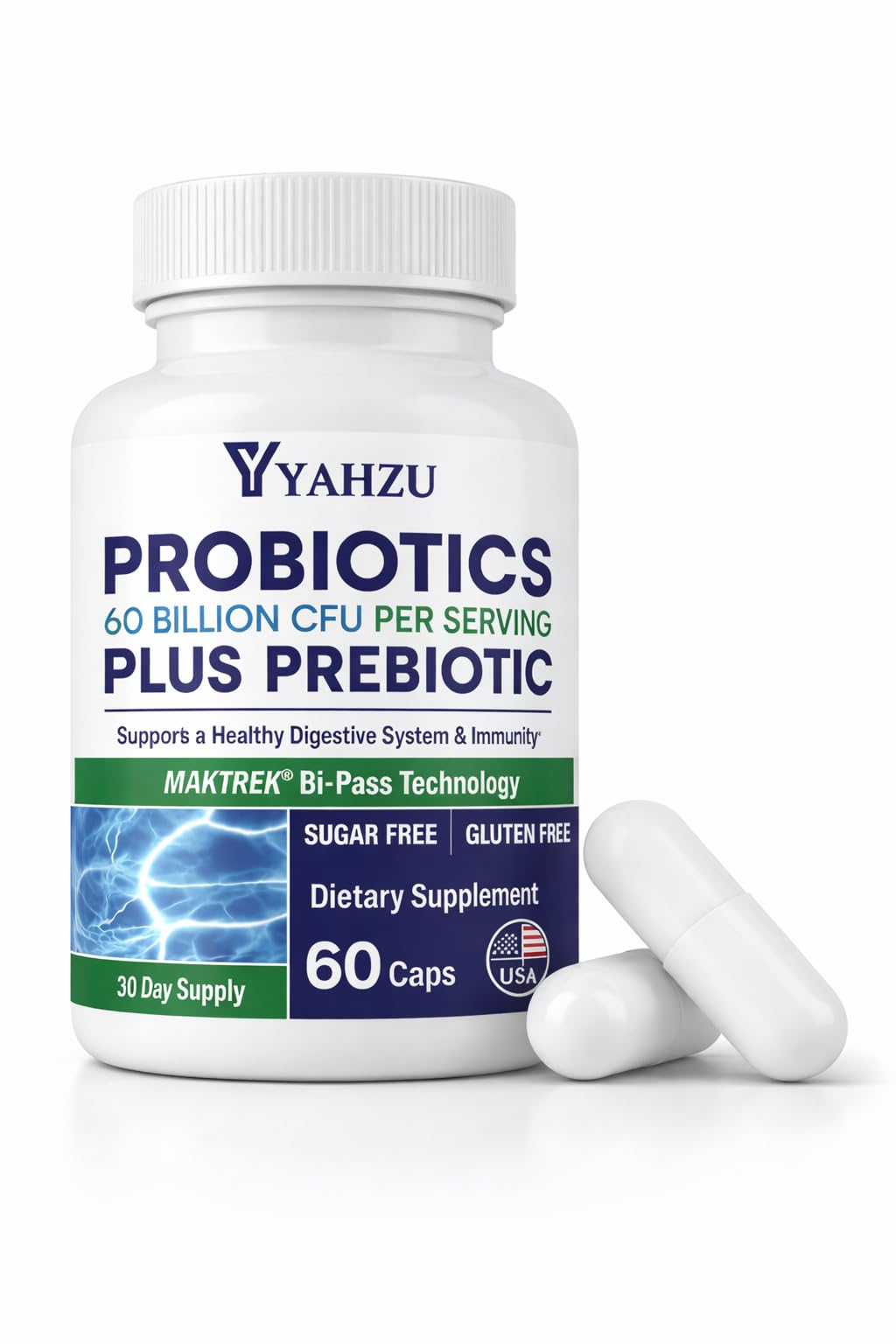 YAHZU 60 Billion CFU Probiotics with Prebiotic Fiber Synbiotic Digestive & Immune Support, 4 Clinically Researched Strains, 60 Capsules