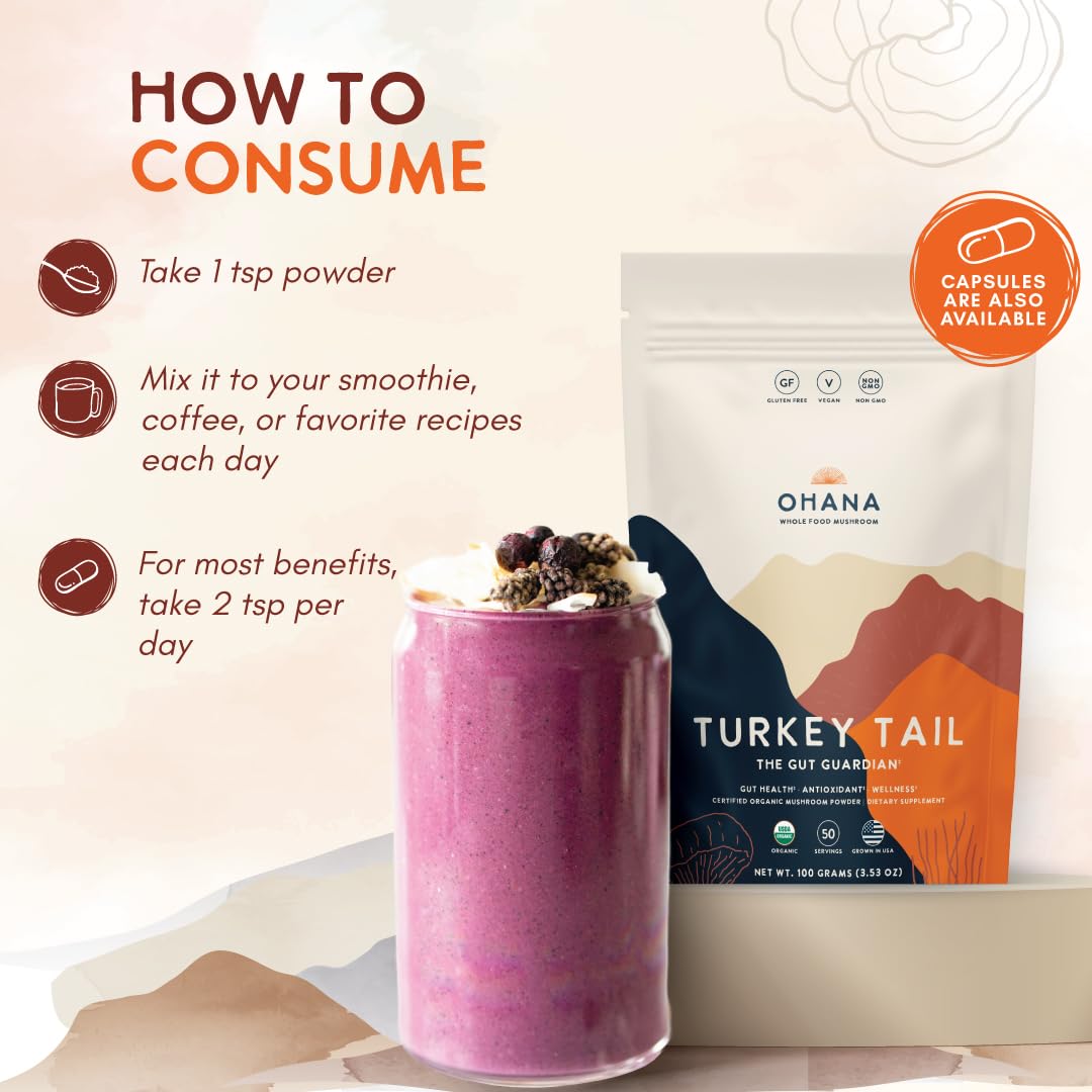 Ohana Mushrooms Turkey Tail Organic Mushrooms Powder Blend, Powder, 3.53 oz