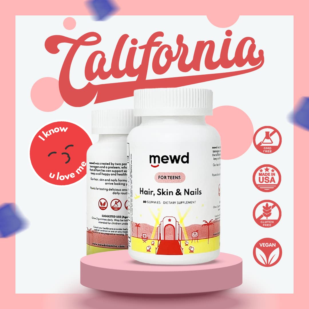 MEWD Teen and Kids Hair, Skin & Nails Support Multivitamin Gummies - Biotin Strength & Growth with Zinc, Vitamins A, D3, B1, B2, B6 & B12 - Gluten-Free, Non-GMO for Girls & Boys - 60 Count