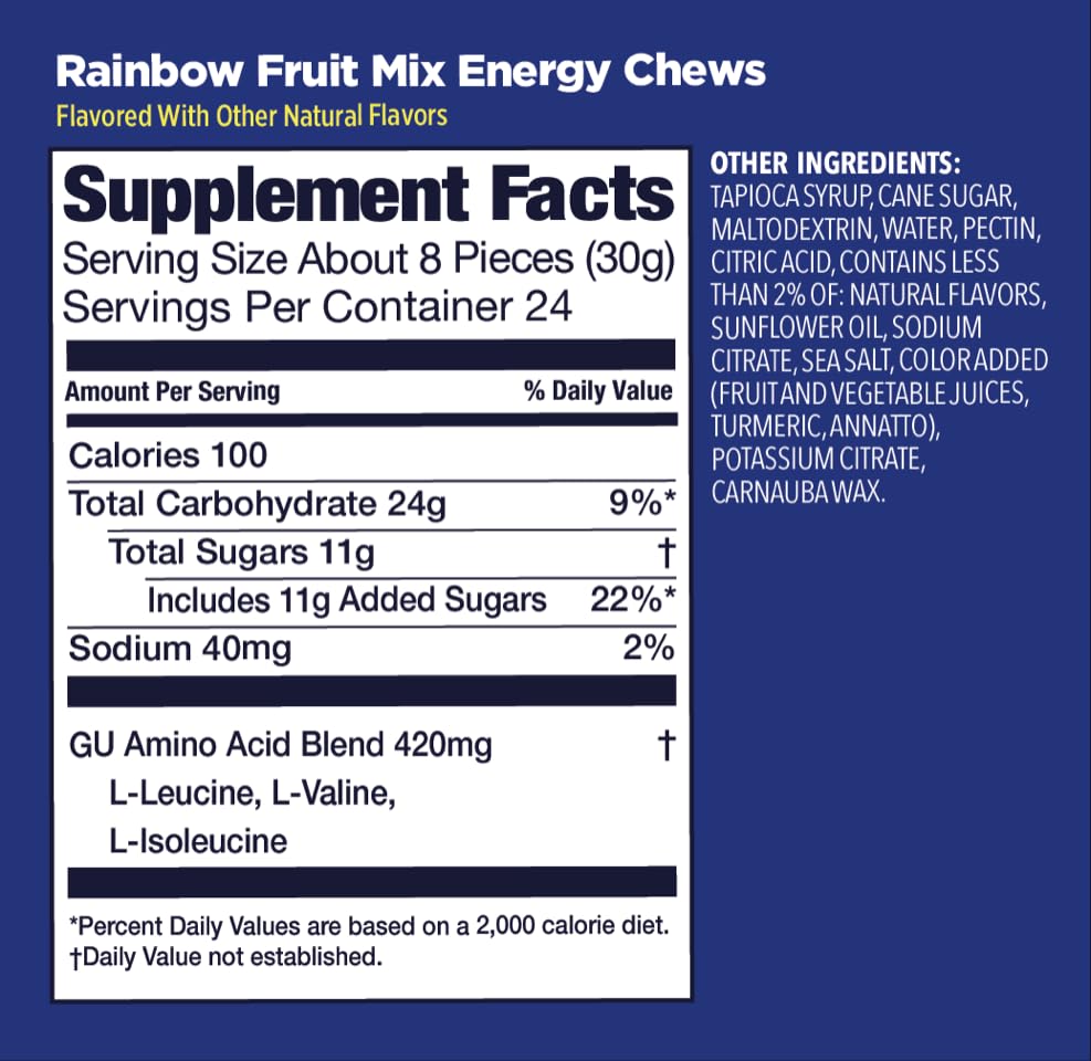 GU Energy Chews Gummy Rainbow Mix with Electrolytes, Dairy-Free, On-The-Go Energy for Any Workout, 12 Bags (24 Servings Total)