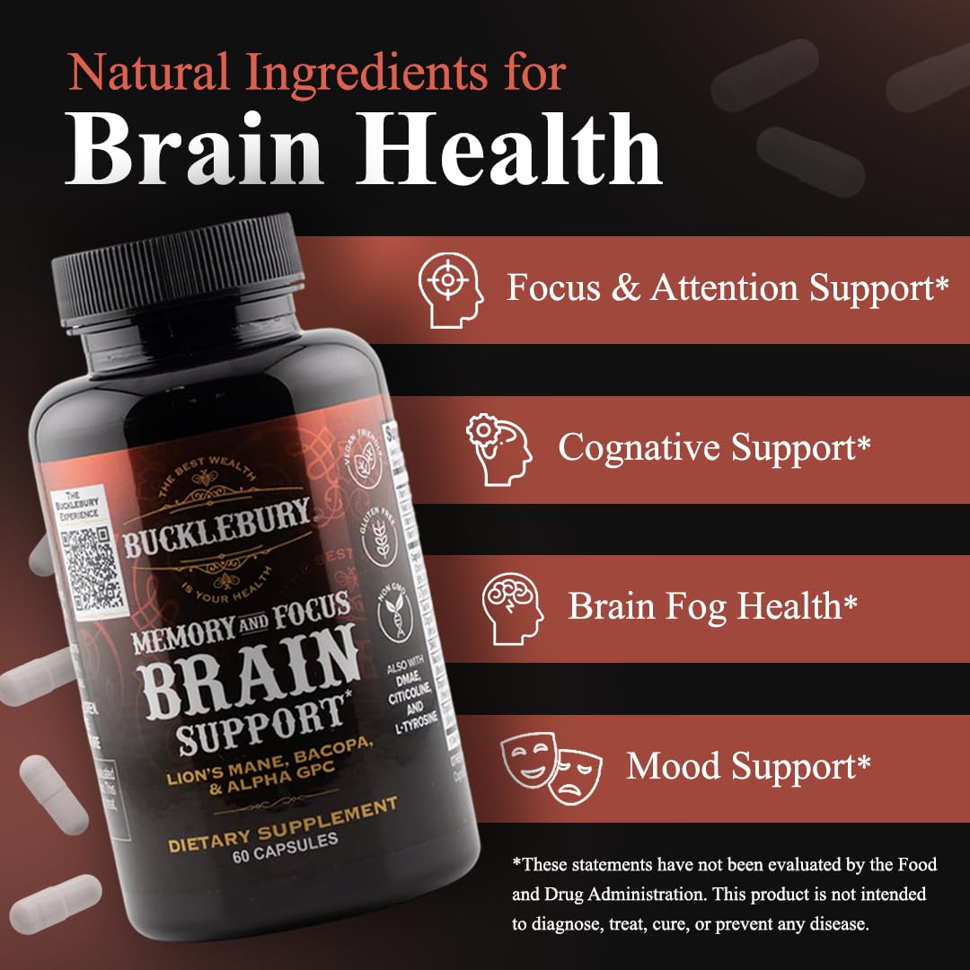 BUCKLEBURY Brain and Memory Nootropic Capsules with Bacopa & Alpha GPC, Cognitive Support & Focus, Vegan, 60 Capsules