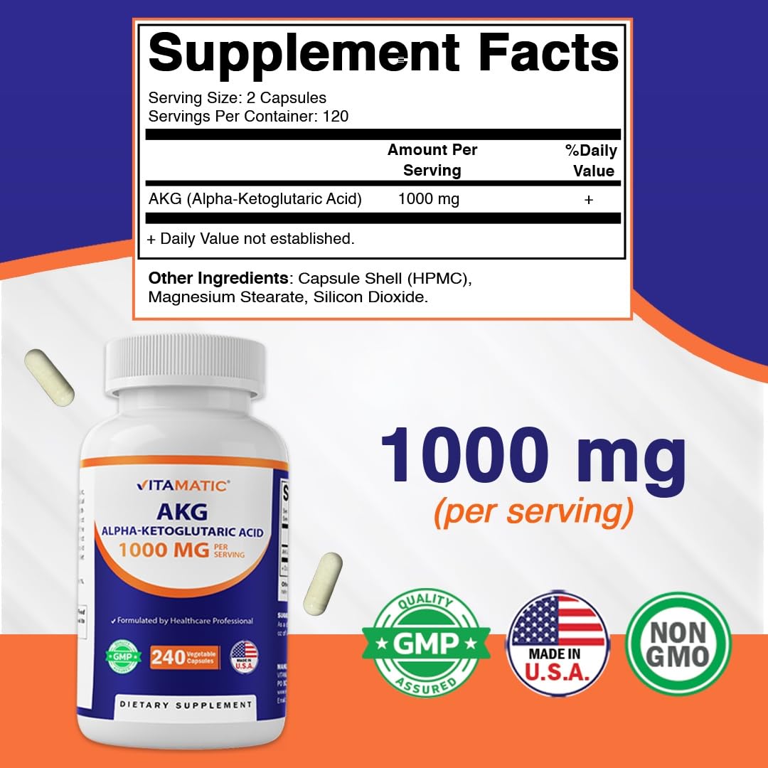 Vitamatic Alpha-Ketoglutaric Acid (AKG) 1000 mg Capsules, 240 Count