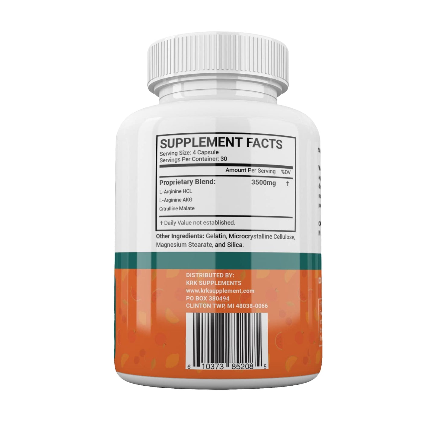 KRK SUPPLEMENTS Nitric Oxide Complex 3500mg Per Serving L-Arginine HCL AAKG AKG Alpha Ketoglutarate Citrulline Malate Capsules 360