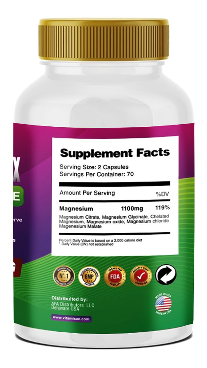 Vitamisan High Absorption Magnesium 6 Forms of Magnesium Citrate, Chelated Glycinate, Chloride, Malate, Oxide 140 Capsules