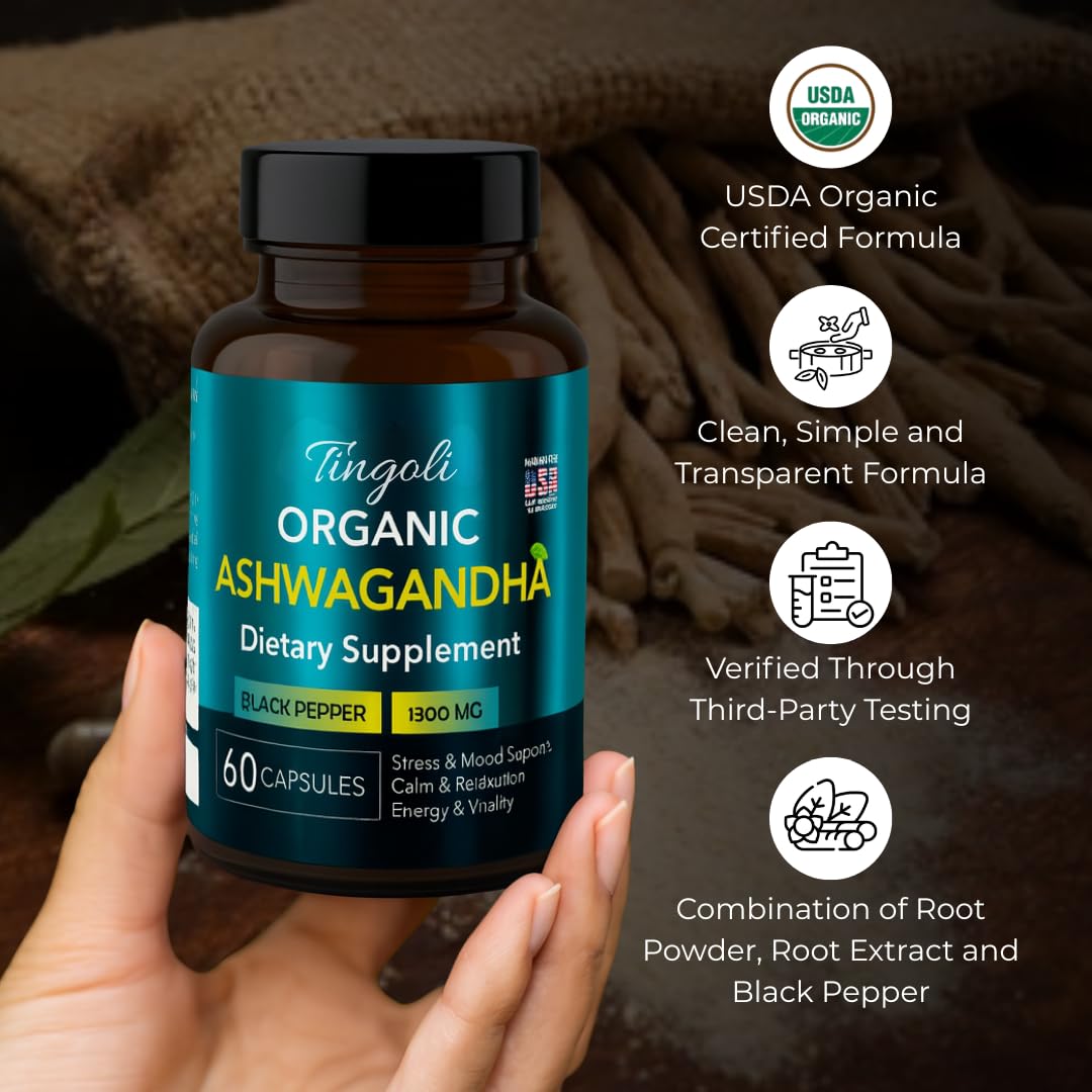 TINGOLI Organic Ashwagandha 1300mg, 60 Capsules
