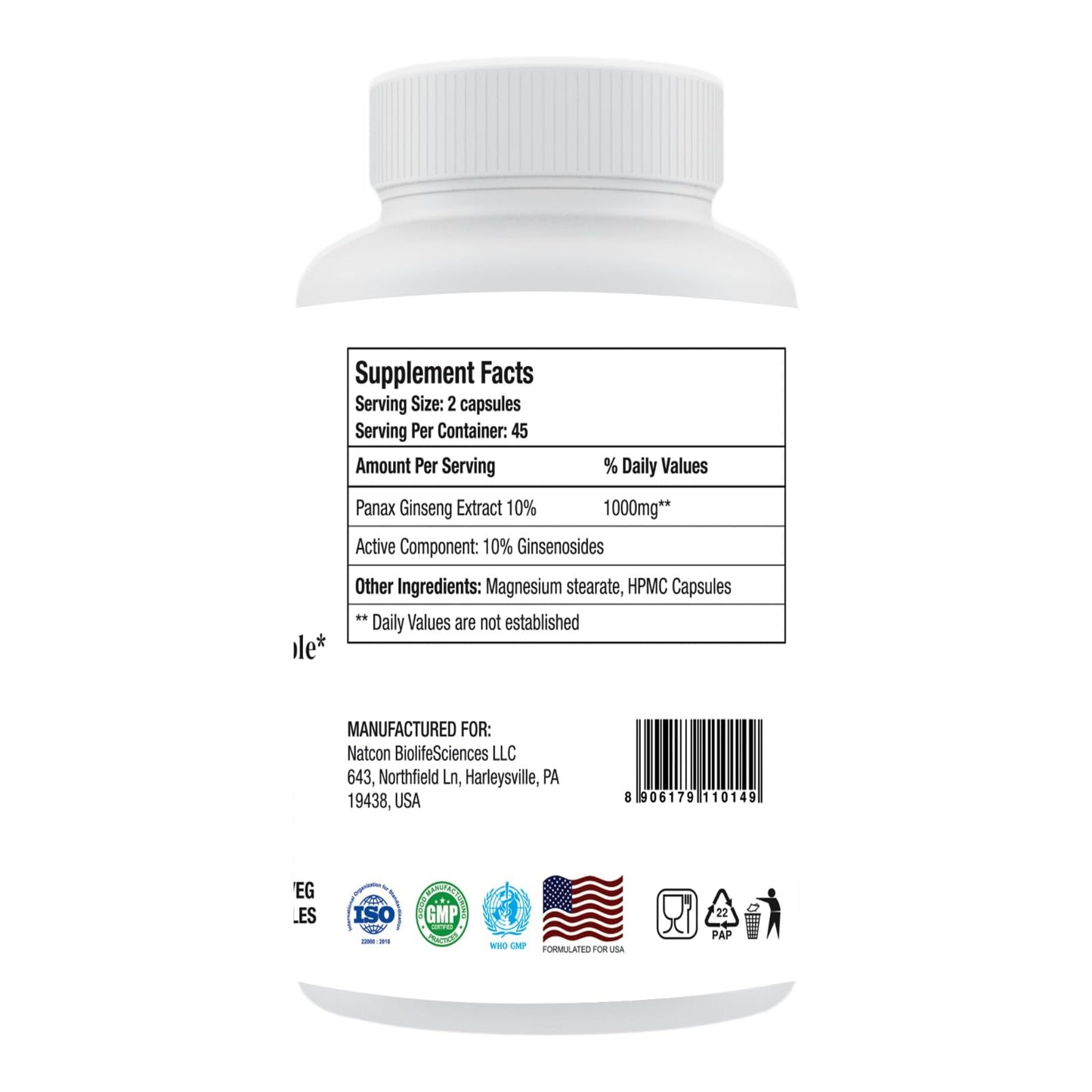 TPS PERFORMANCE Panax Ginseng Extra Strength 1000mg per Serving Veg Capsules 90 Count