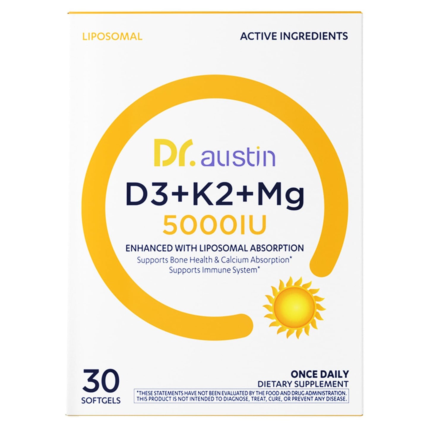 DR.AUSTIN Liposomal Vitamin D3 5000IU with K2 & Magnesium, 30 Capsules