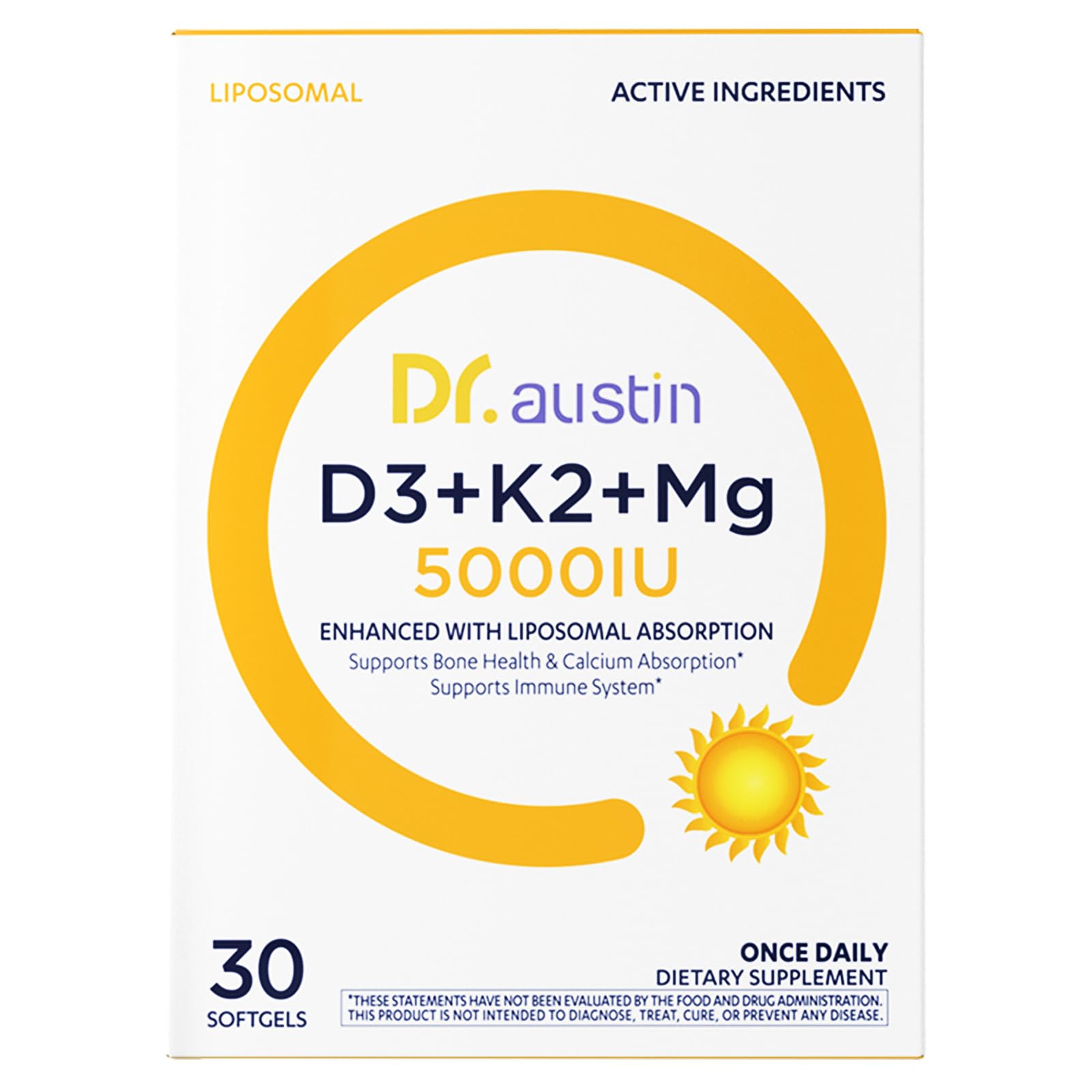 DR.AUSTIN Liposomal Vitamin D3 5000IU with K2 & Magnesium, 30 Capsules