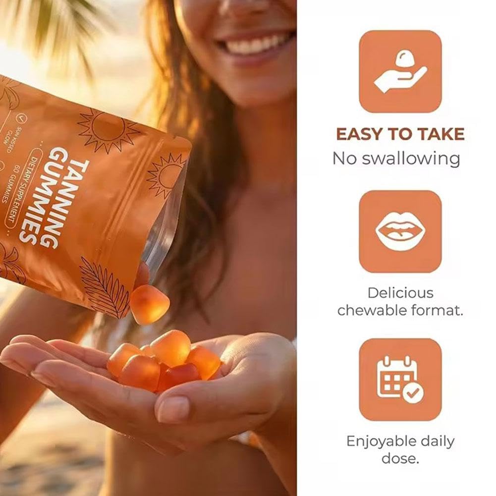 Prndkhn Skin Tanning Gummies with Vitamin C & E, Astaxanthin, Beta Carotene, Skin Radiance & Hydration for Natural Looking Glow, Vegan & Sugar Free, Bronzing, 60 Count