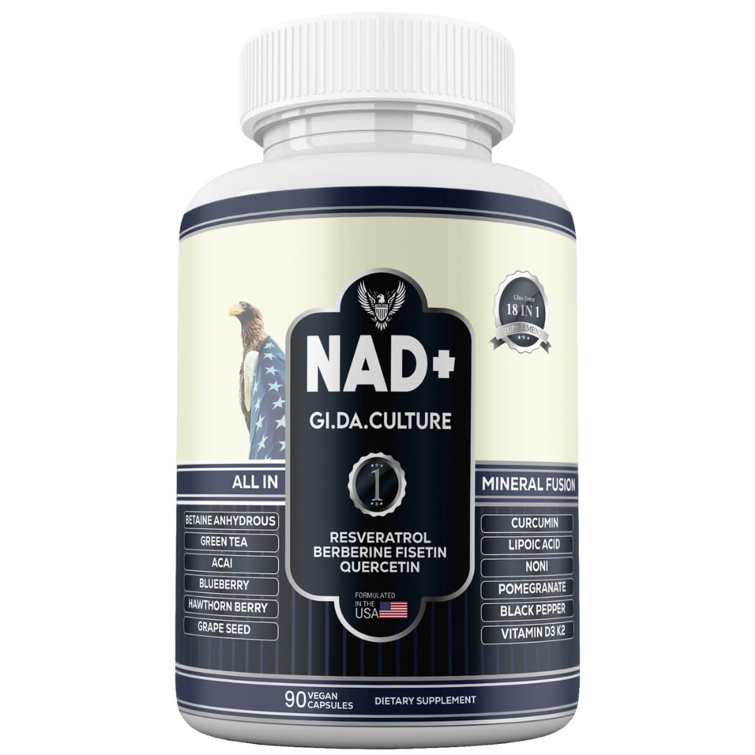 Gi.Da.Culture NAD+ Supplement 18-in-1 with Resveratrol, Berberine, Quercetin, Fisetin, Lipoic Acid, Curcumin Vitamin D3 K2 for Cellular Energy Healthy Aging Antioxidant Support 90 Vegan Capsules
