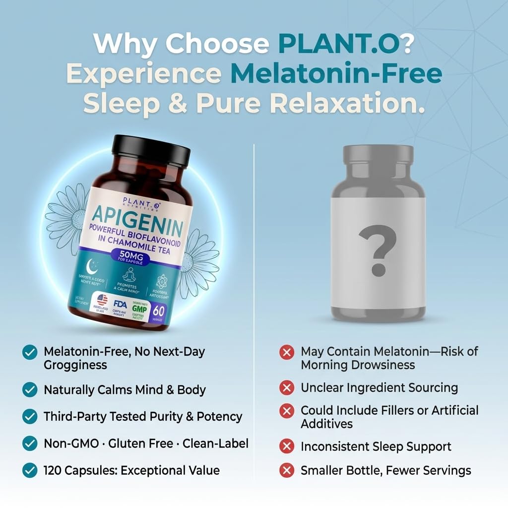 PLANT.O NUTRITION Apigenin 50mg Melatonin-Free Sleep Support & Relaxation, 60 Capsules