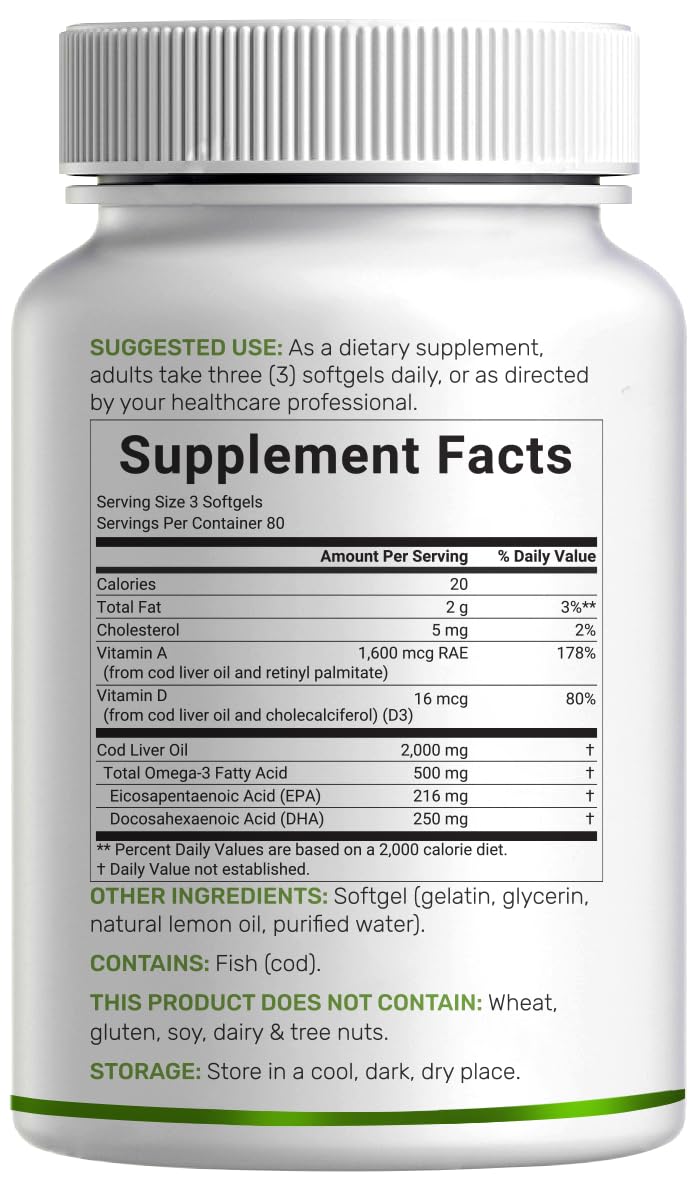 DEAL SUPPLEMENT Wild Caught Cod Liver Oil 2000mg Per Serving Softgels 240