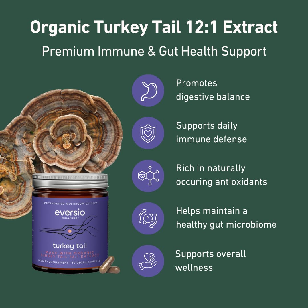 Eversio Wellness Organic Turkey Tail Capsules 12:1 Extract, 45% Beta Glucans Fruiting Body Mushroom Supplement for Immune Support, 60 Capsules