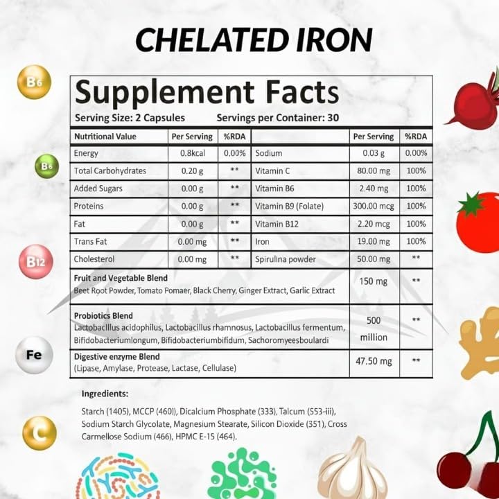 Generic Forever Chelated Iron Folic Acid with VIT.C, VIT B6, VIT B9, VIT B12 Capsules, 60 Count