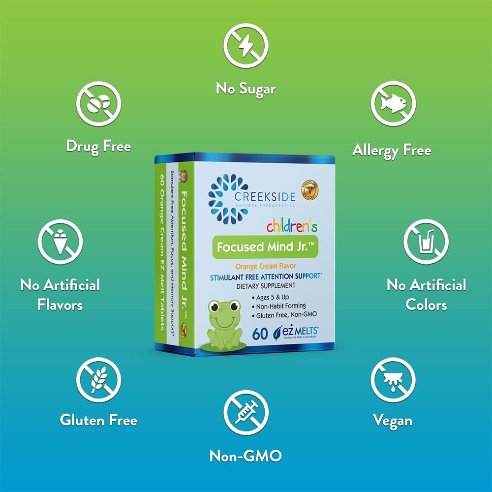 Creekside Natural Therapeutics Focused Mind Jr., Cognitive Support for Children, Pediatrician Formulated, Stimulant-Free Supplement with Inositol, DMAE, Sugar-Free, Vegan, 60 EZ Melt Tablets