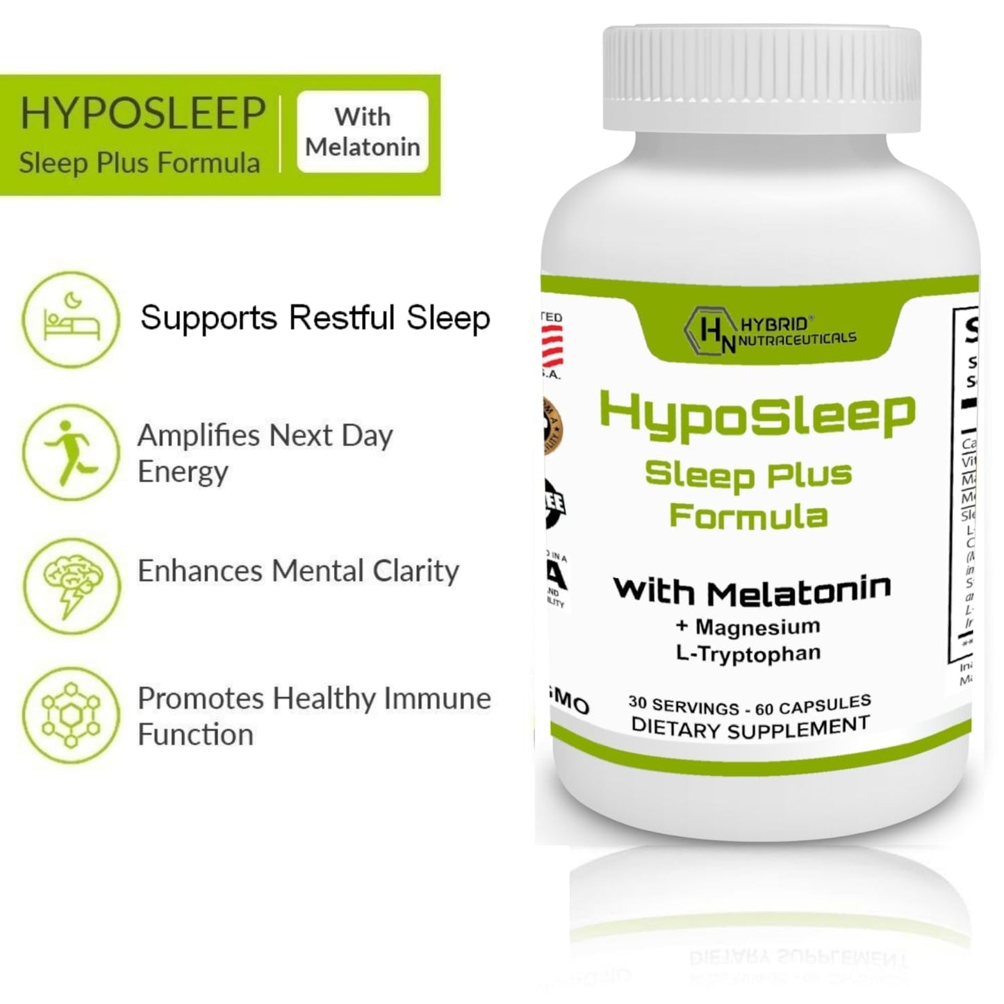 Hybrid Nutraceuticals HypoSleep with 10 mg Melatonin, 905 mg Sleep Plus Formula for Adults - Support Sleep & Relaxation, 5-HTP Supplement, Nighttime Sleep Aid, 60 Capsules