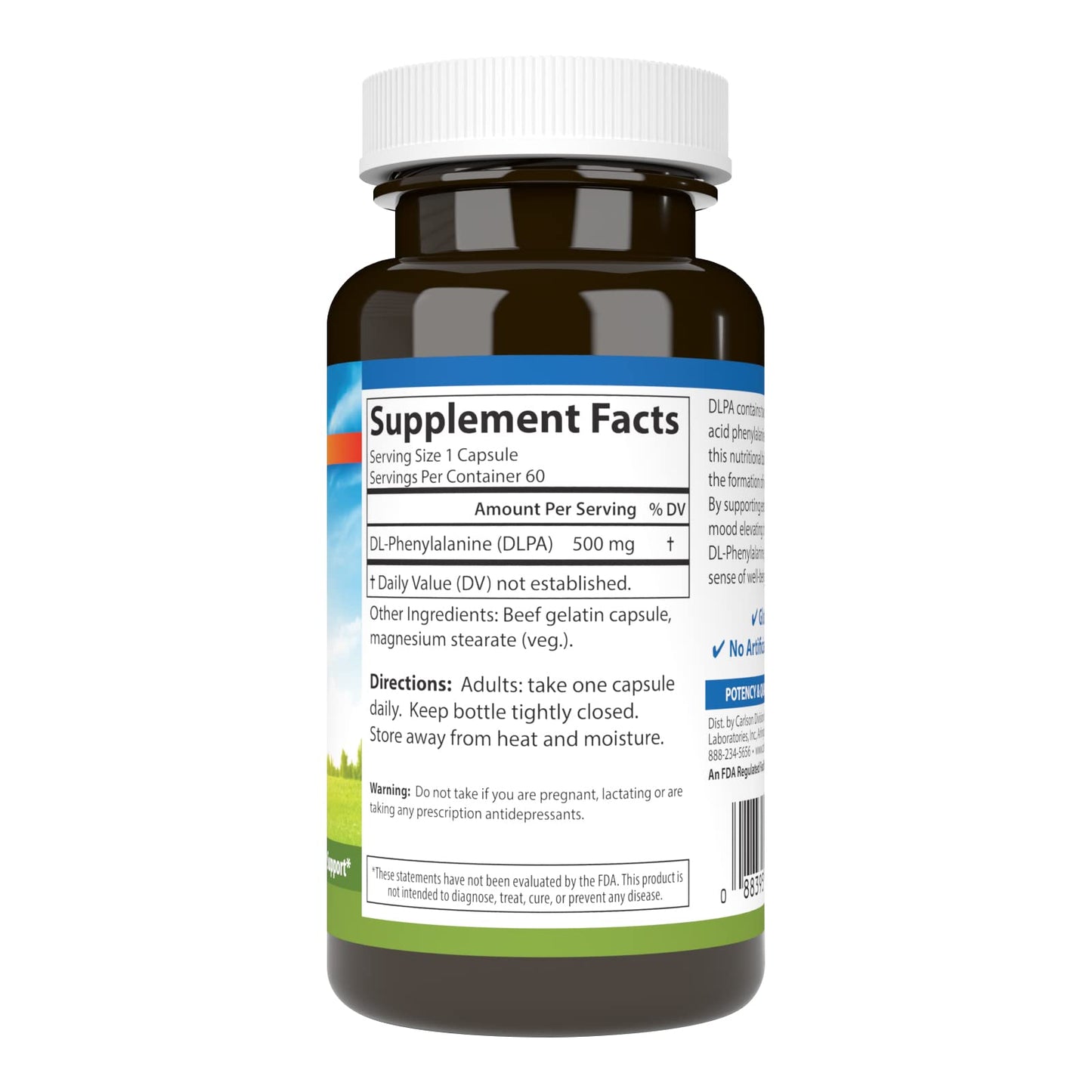 Carlson DLPA DL-Phenylalanine 500 mg Cognitive & Nervous System Support Supplement, Capsule, 120 Count