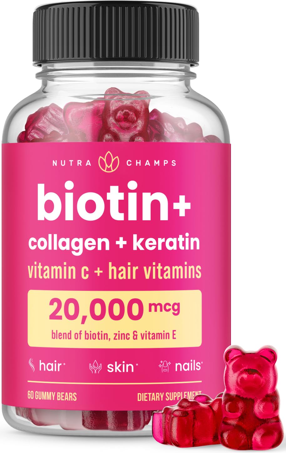 NutraChamps Biotin Gummies 5000mcg with Collagen, Keratin & More – Hair Skin and Nails – 60 Gummies