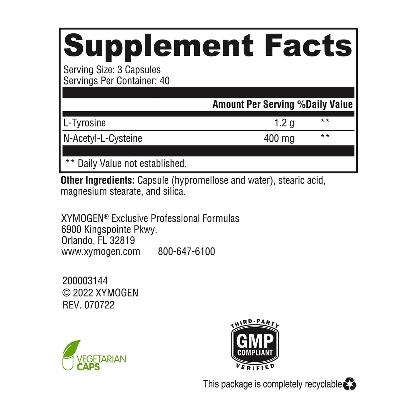 XYMOGEN AdrenaMax L-Tyrosine & NAC Formula Capsule, 120 Count