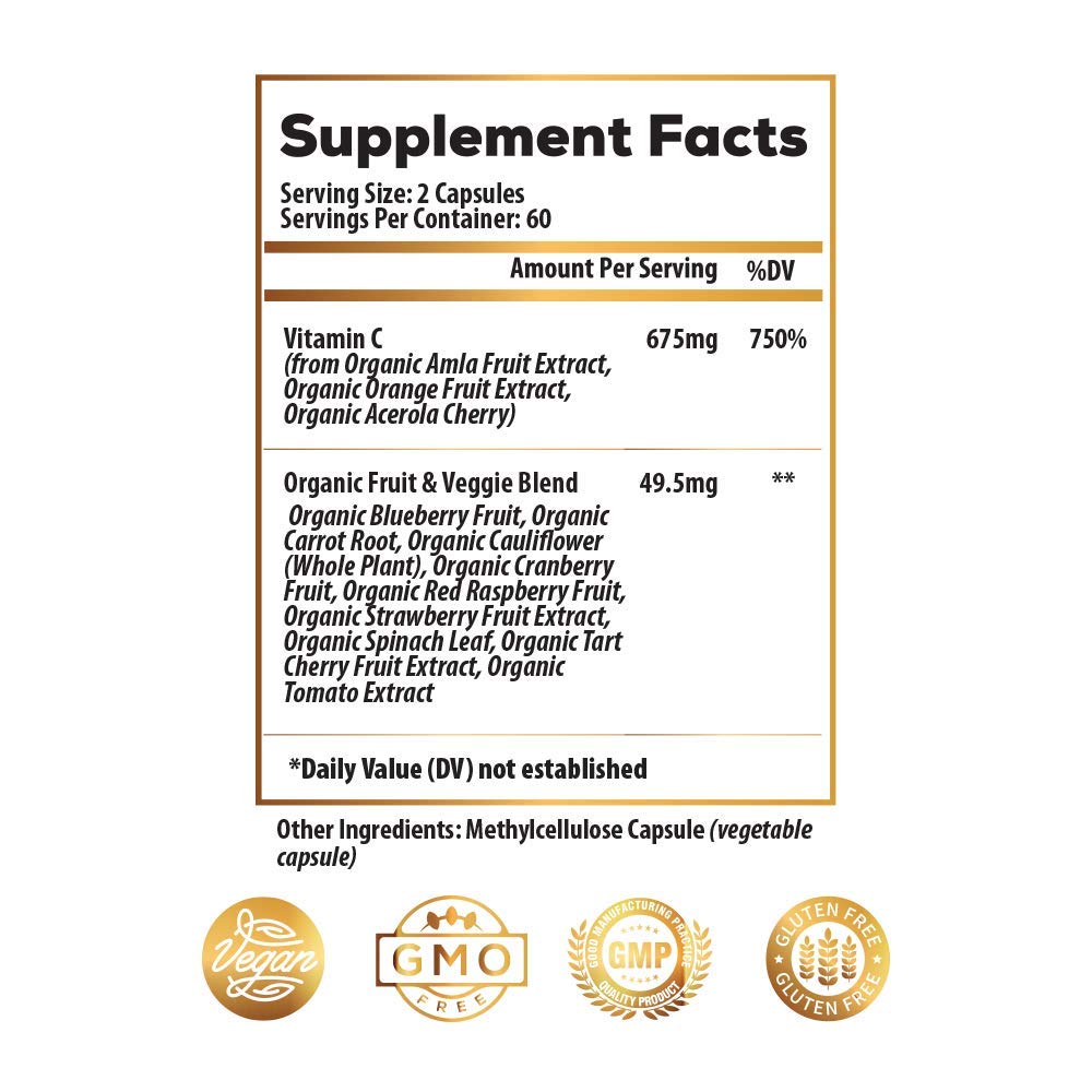 Ideal Infusion Whole Food Vitamin C Supplement 675mg Plant-Based Vitamin C Complex from Organic Oranges, Acerola Cherry & Natural Fruit Cofactors – Immune & Antioxidant Support – Vegan, Non-GMO – 120 Capsules